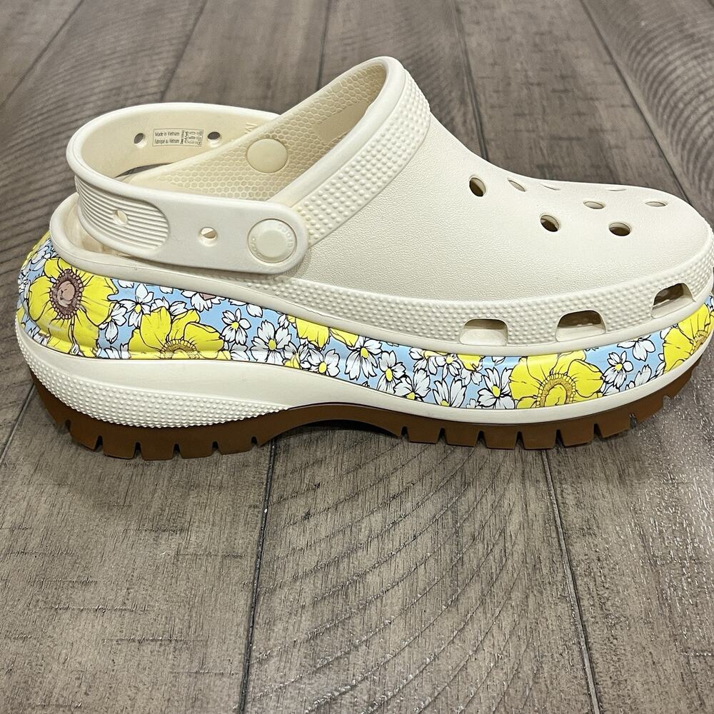 Crocs Mega Crush Retro Floral Clogs Womens W6 Vanilla Yellow Blue Platform Shoes - Picture 5 of 14